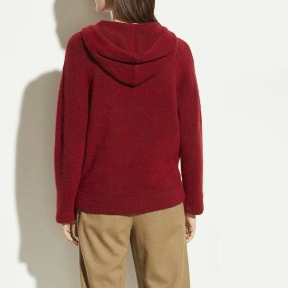 Vince Italy Wool Alpaca Blend Fuzzy Hooded Sweater Cherry Red Oversized XS